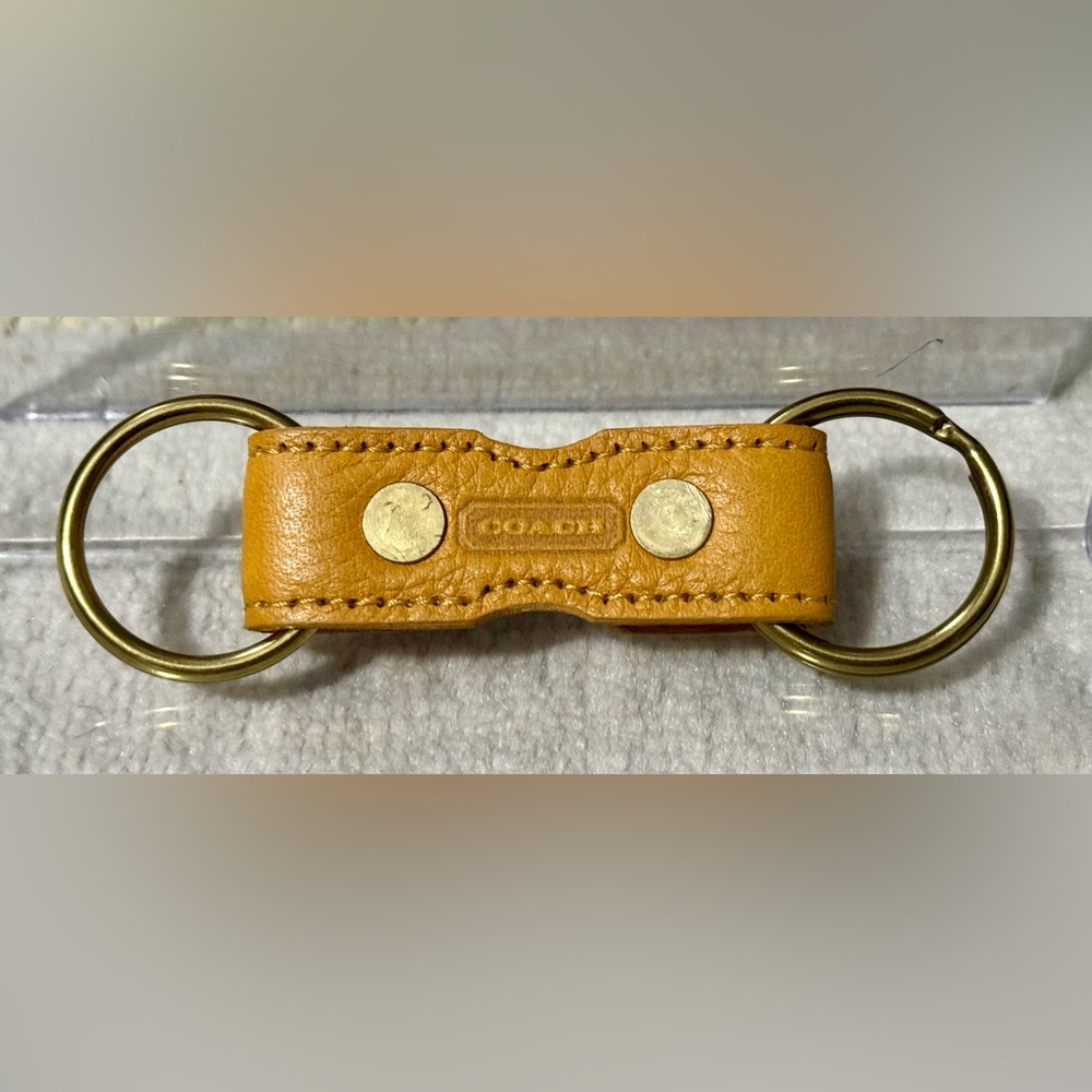 Coach Tan Leather Double Ring Key Fob Connector with Brass Hardware